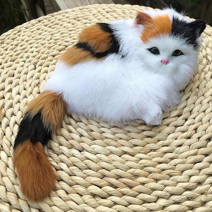 Realistic Plush Baby Calico Cat Figurine - Fluffy Decor for Home & Office Synthetic Kitten, Photo Props, Collectible Gift House Animal Kitty Replica