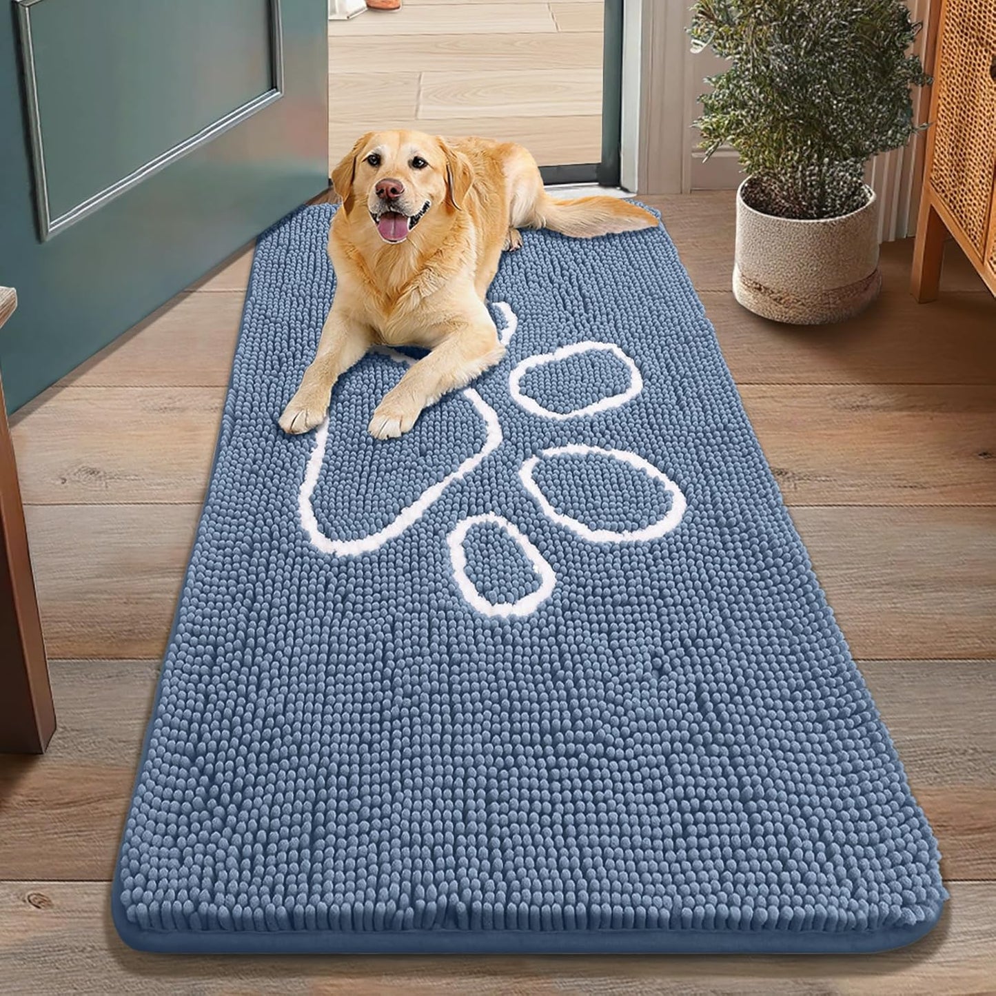 Smiry Dog Door Mat for Muddy Paws, Absorbent Dirt Trapper Non Slip Quick Dry Washable Chenille Mat for Mud Dogs, Entry Rug for Indoor and Outdoor (48x30 Inches, Airy Blue and White)