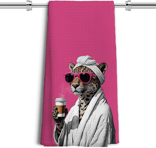Trendy Sunglasses Leopard Hand Towels for Bathroom Decor, Leopard Drinking Coffee Kitchen Towels, Hot Pink Maximalist Cheetah Dish Tea Towels for Kitchen Decor, 16x24 Inches