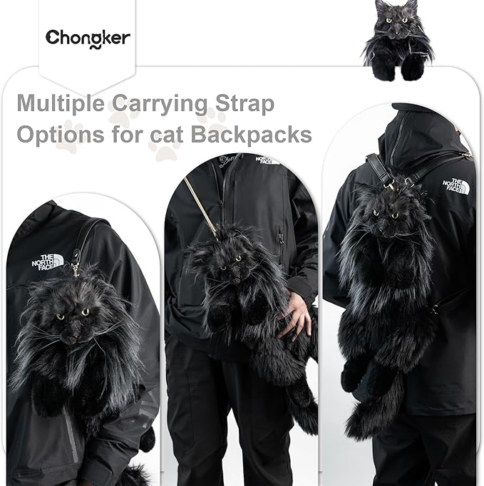 Chongker Cat Shaped Backpack - Handcrafted Stuffed Animals Bag, Black Cat Plush Bag with Adjustable Shoulder, Crossbody, and Backpack Straps, Maine Coon