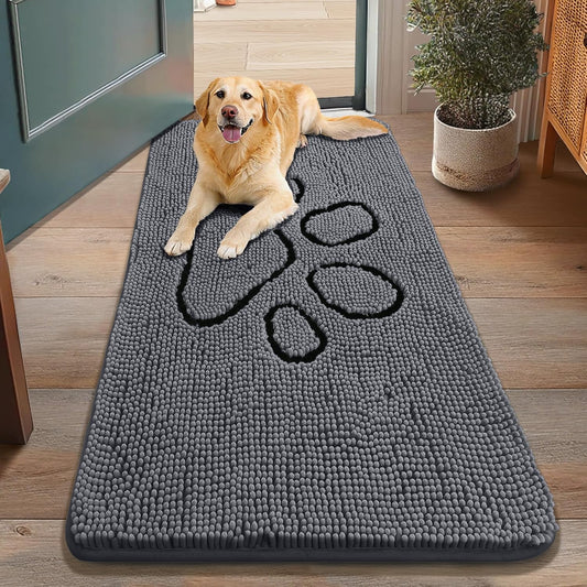Smiry Dog Door Mat for Muddy Paws, Absorbent Dirt Trapper Non Slip Quick Dry Washable Chenille Mat for Mud Dogs, Entry Rug for Indoor and Outdoor (48x30 Inches, Dark Grey and Black)