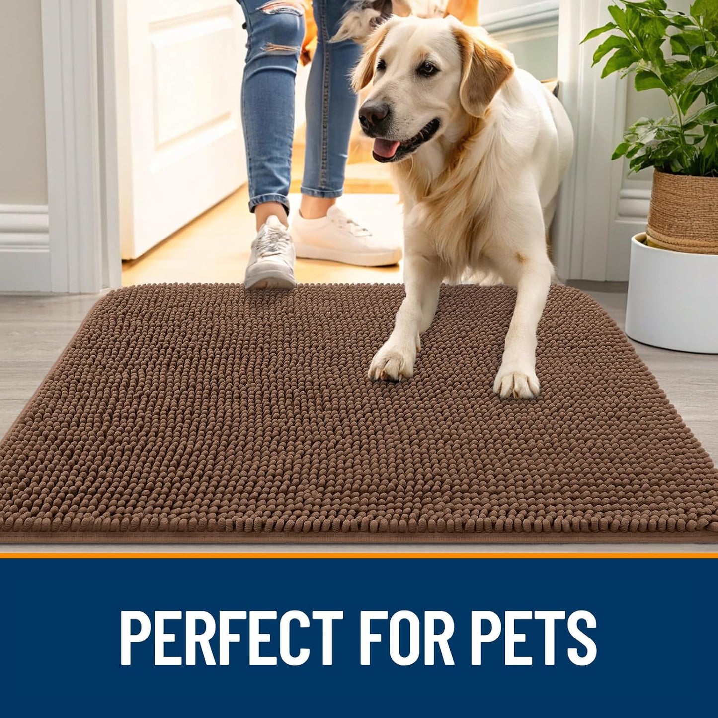 OLANLY Dog Door Mat for Muddy Paws 44x24, Absorbs Moisture and Dirt, Absorbent Non-Slip Washable Doormat, Quick Dry Chenille Mud Mat for Dogs, Entry Indoor Entryway Carpet for Inside Floor, Mocha