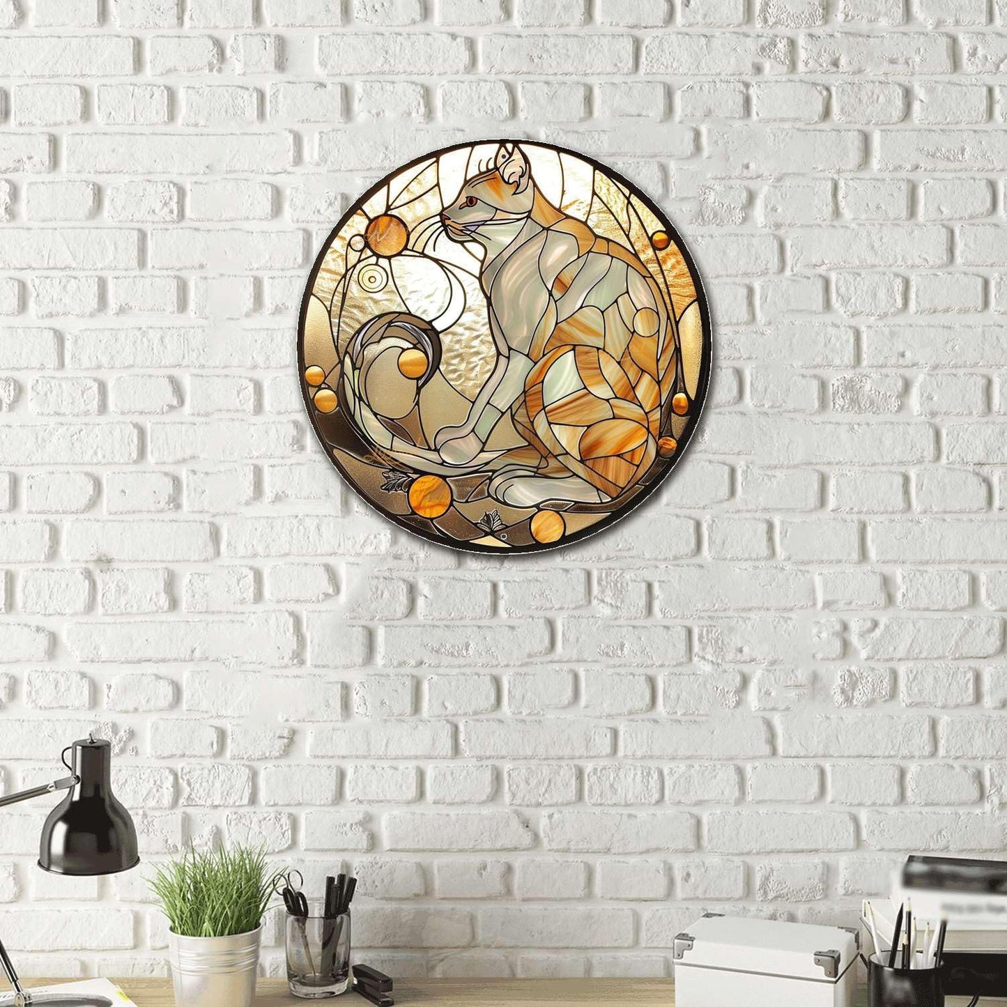 Lygond Metal Tin Sign - Circular Stained Glass Cat Garden Sign for Garage - 1212 Inches