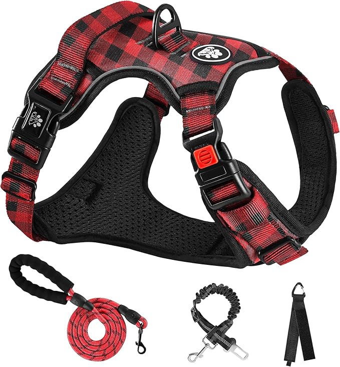 NESTROAD No Pull Dog Harness with Leash, Reflective No Choke Pet Vest Harness,Adjustable Soft Padded Dog Harness with Easy Control Handle for Large Dogs(Checkered Red,Large)