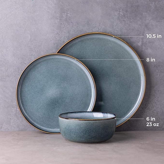 GBHOME Ceramic Dinnerware Sets for 6, 18 Pieces Stoneware Plates and Bowls Sets, Scratch Resistant Dishes, Dishwasher & Microwave Safe, Space Blue