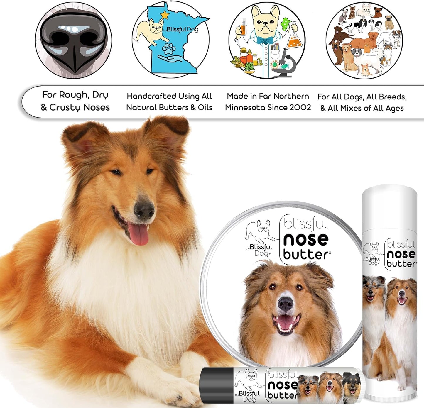 The Blissful Dog Collie Nose Butter for Dry, Cracked Skin, Lick-Safe Dog Nose Balm with Moisturizing Shea Butter, Almond, Olive, and Essential Oils, Pet Supplies, Uncented, 1 oz.