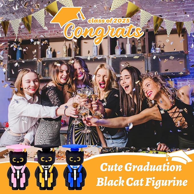 Cat Figurines, 20 PCS Black Cat Mini Resin with Cap Graduation Decorations Class of 2025, PVC Miniature Black Kitten Figures Grad Gifts for Kindergarten High School Party Favors