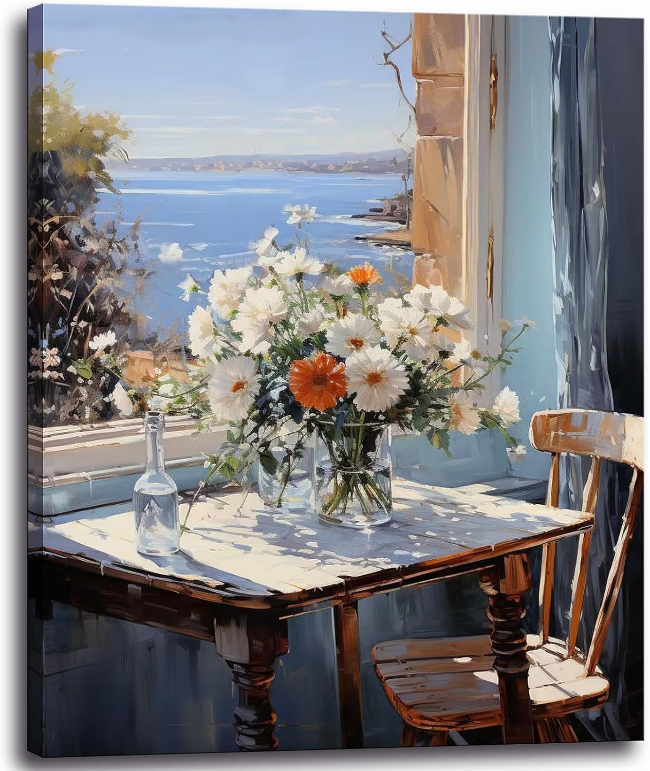 weiyiart Wall Art for Bathroom Decor Coastal Floral Canvas Print Painting Daisy Flowers Sea Picture Farmhouse Ocean Seascape Artwork for Home Living Room Bedroom Office 12x15inch