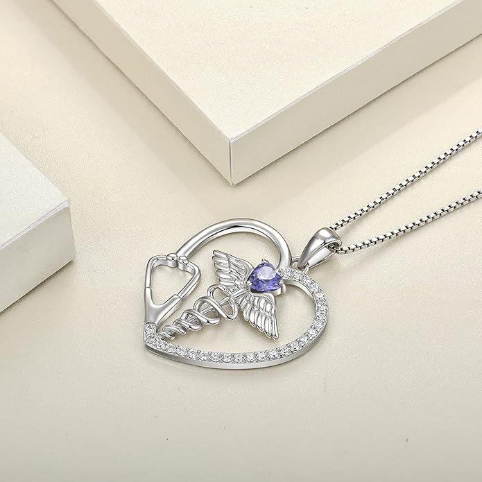 YL Caduceus Heart Necklace for Women Sterling Silver Doctor Nurse Themed Stethoscope Pendant Birthstone Angel Wings Snake Jewelry