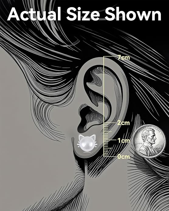 PANSTAR Hypoallergenic 925 Sterling Silver Pearl Cat Earrings for Women - Cute Dainty Cat Stud Earrings, Valentine’s & Mother’s Day Gift with Box