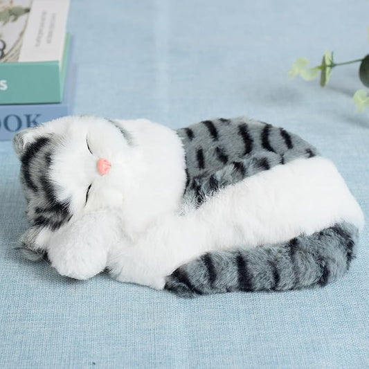Realistic Plush Sleeping Cat Figurine Simulation Kitty Lifelike Kitten Home Office Shelf Decorative Statue, Synthetic Fur Pet Replica (Gray-Tabby)