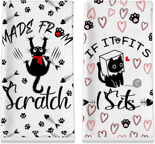 Cat Kitchen Towels Set of 2 - Hand and Dish Towels for Cat Lovers, Funny Tea Towels, Gifts for Women 18x28 Inches