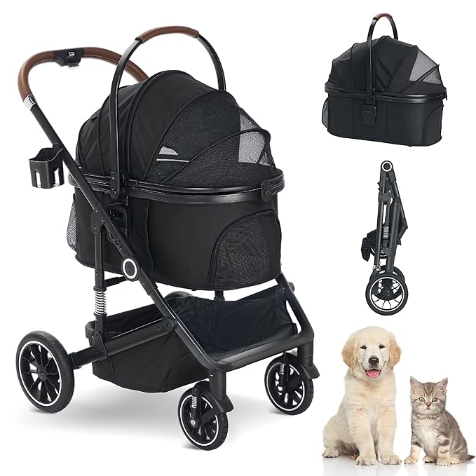 Pet Stroller with 4 Wheels, 3 IN 1 Folding Puppy Strollers for Small/Medium Dogs Cats up to 50lbs, Lightweight Pet Travel Carrier with Detachable Cushion, Storage Basket and Cup Holder, Black