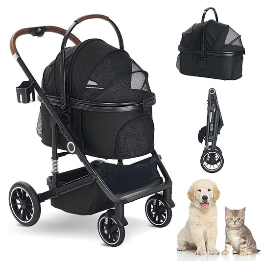 Pet Stroller with 4 Wheels, 3 IN 1 Folding Puppy Strollers for Small/Medium Dogs Cats up to 50lbs, Lightweight Pet Travel Carrier with Detachable Cushion, Storage Basket and Cup Holder, Black