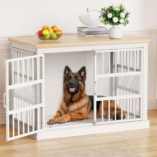 VOPEAK 46" Dog Crate Furniture, Chew Resistant Large Dog Crate for Medium Large Dogs, Heavy Duty XL Dog Crates Dog Kennel Cage Indoor with Double Doors, End Table for Bedroom Living Room, White