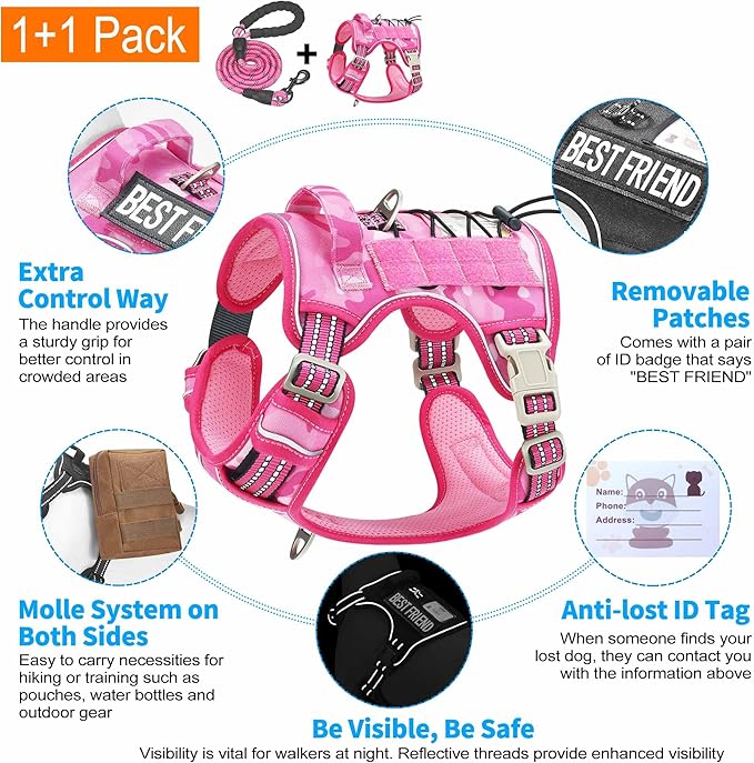 Heavy Duty Tactical Dog Harness for Large Dogs, No Pull Adjustable Pet Harness Reflective Service Training Easy Control Pet Vest Military K9 Working Dog Harnesses- Large, Pink Camo