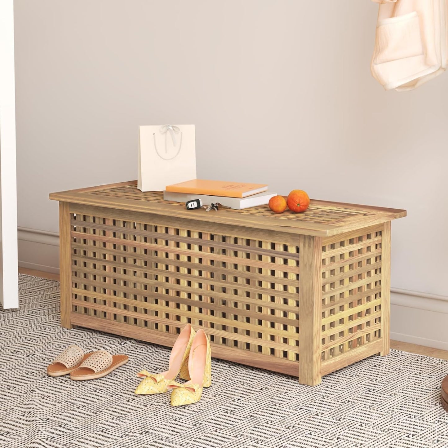 Bench with Storage, Acacia Laundry Hamper with Seat, Storage Benches with Seating for Entryway, Living Room, Bedroom, Bathroom (15.7x38.6x17.7in)