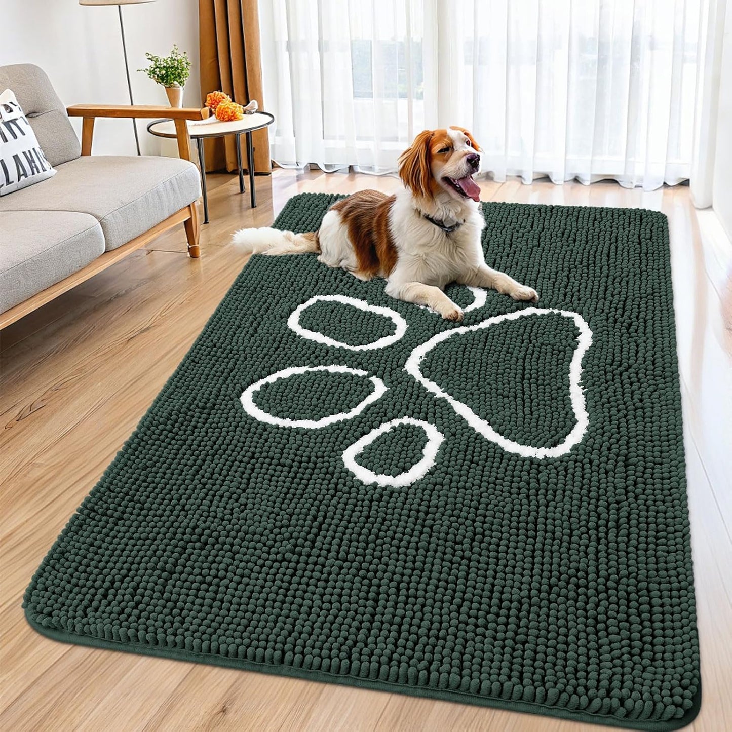 Smiry Dog Door Mat for Muddy Paws, Absorbent Dirt Trapper Non Slip Quick Dry Washable Chenille Mat for Mud Dogs, Entry Rug for Indoor and Outdoor (59x35 Inches, Green)