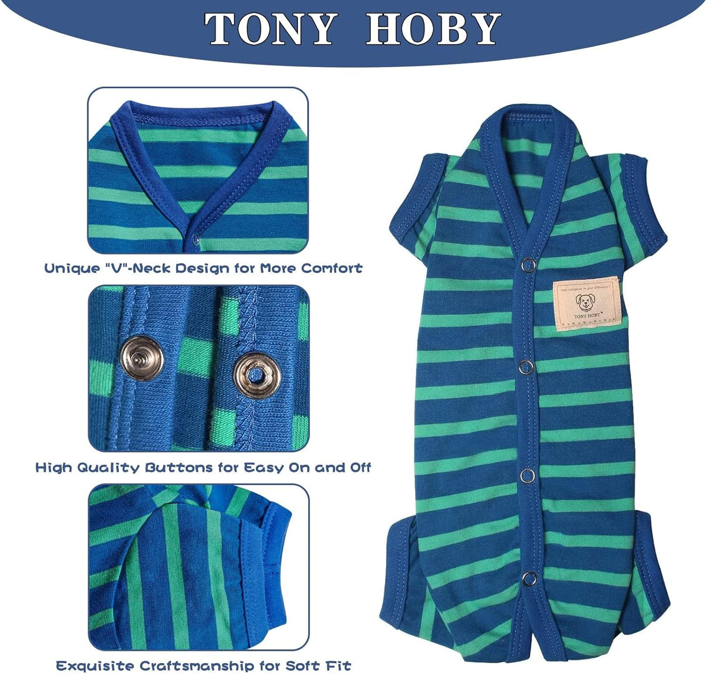 TONY HOBY Dog Pajamas for Female/Male, Dog Jumpsuit with Stripes for Small Medium Dogs, Soft and Comfortable 4 Legged Pajamas Dogs Clothes (Blue&Green, Boy, M)