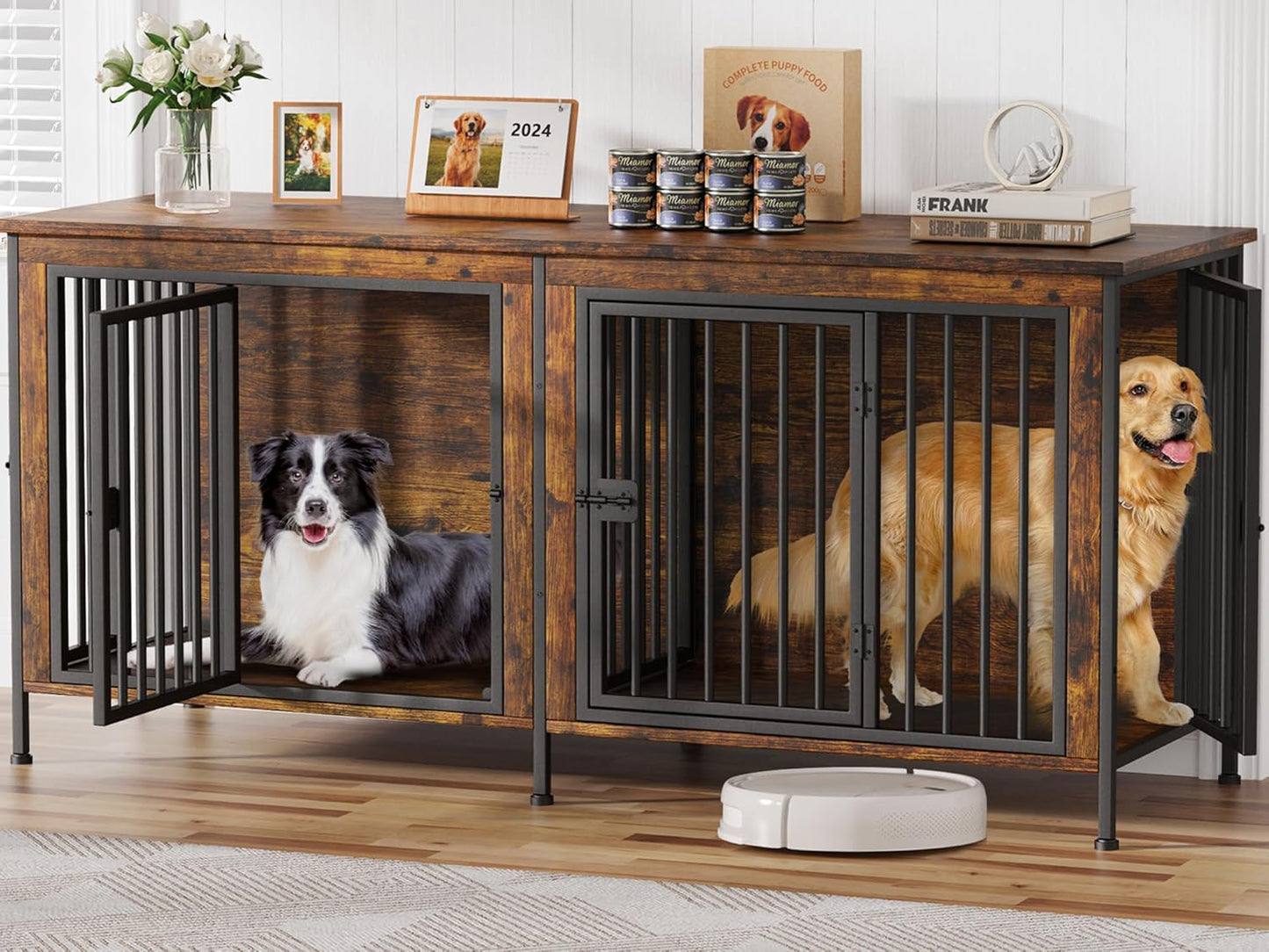EasyCom 78 Inch Dog Crate Furniture for 2 Dogs, Extra Large Double Dog Cage Large Breed, XXL Thick Wooden Dog Crate TV Stand, Sturdy Dog Kennel with Divider