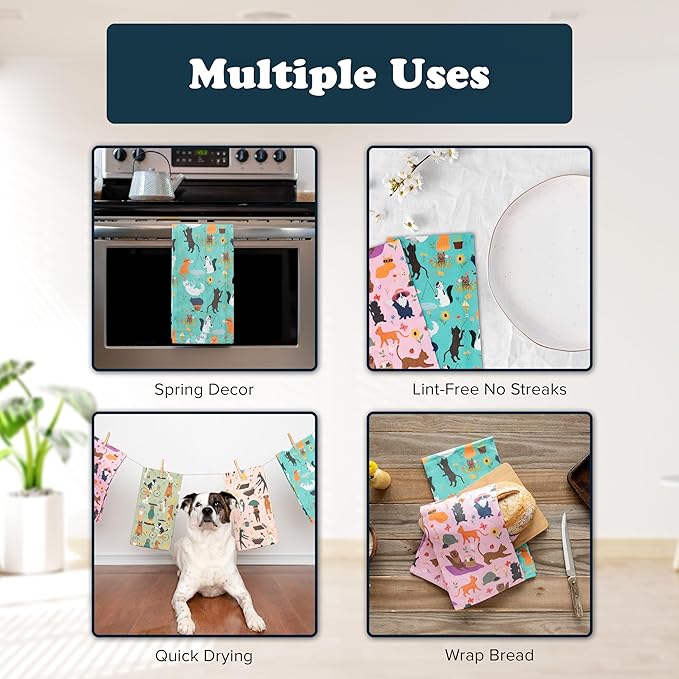 Cattington Cat Kitchen Towels Spring Decor for Home - Dish Towels & Cat Decor for Cat Lovers - Gardening Gifts for Women - Cat Mom Gifts for Gardeners 2-Pack (Whiskers & Bloom)