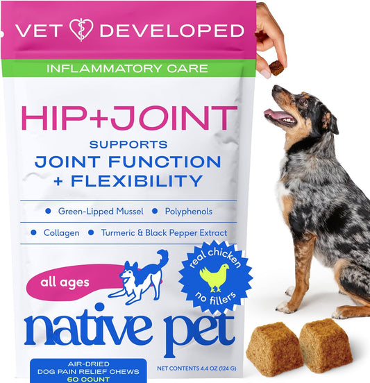 Native Pet Pain Relief for Dogs - Collagen for Dogs Promotes Joint Health, Reduce Inflammation & Stiffness - Senior Pup Joint Supplement - Natural Pain Reliever for Active & Aging Pets - 60 Chews