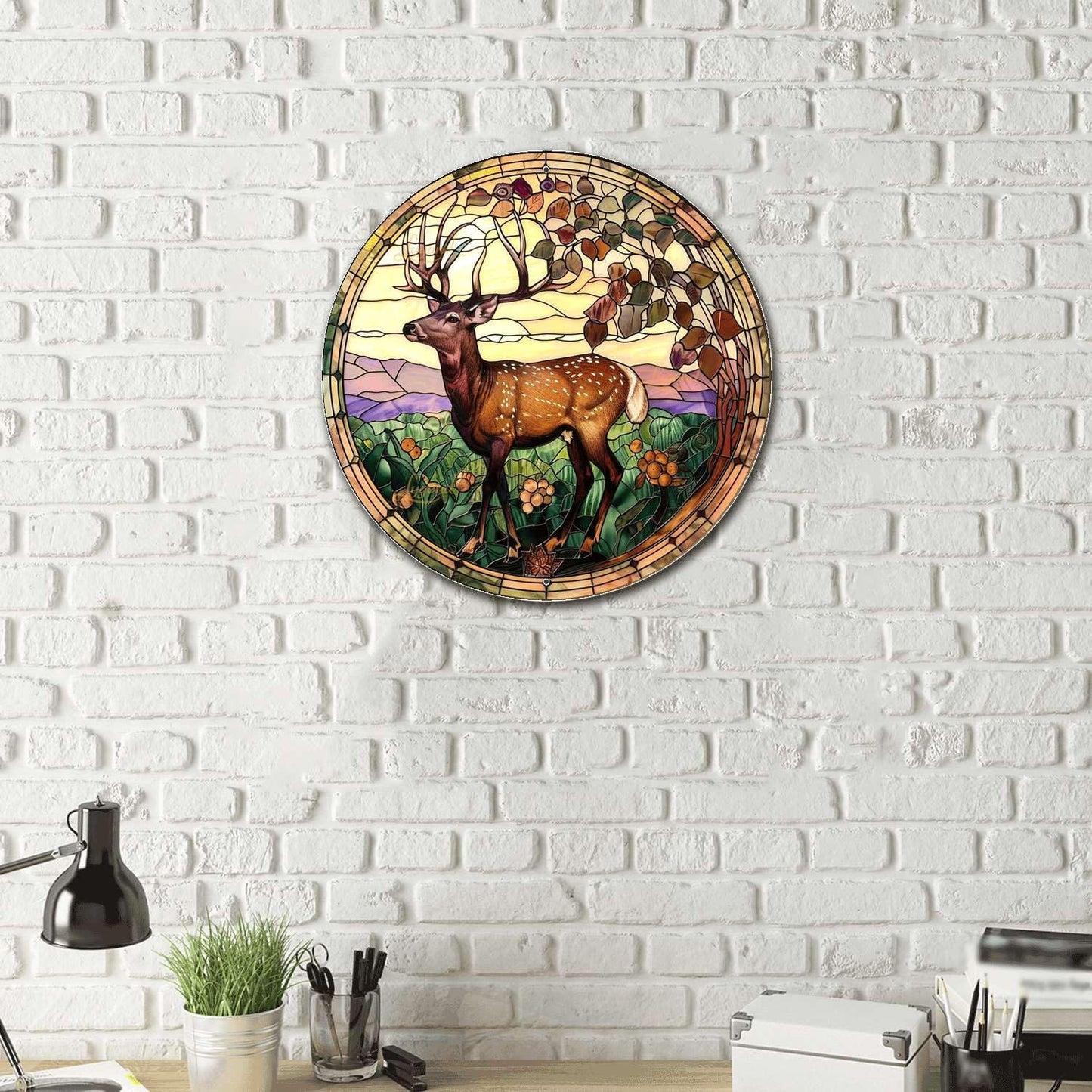 Lygond Metal Sign Tin Sign Circular Stained Glass Deer Vintage Sign for Restaurant 8×8 Inches