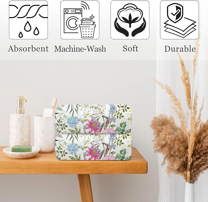 Colorful Flowers Botanical Leaves Hand Towel Set of 2,Watercolor Spring Floral Soft Absorbent Decorative Bathroom Kitchen Towel for Bathroom Kitchen Hotel Gym Yoga
