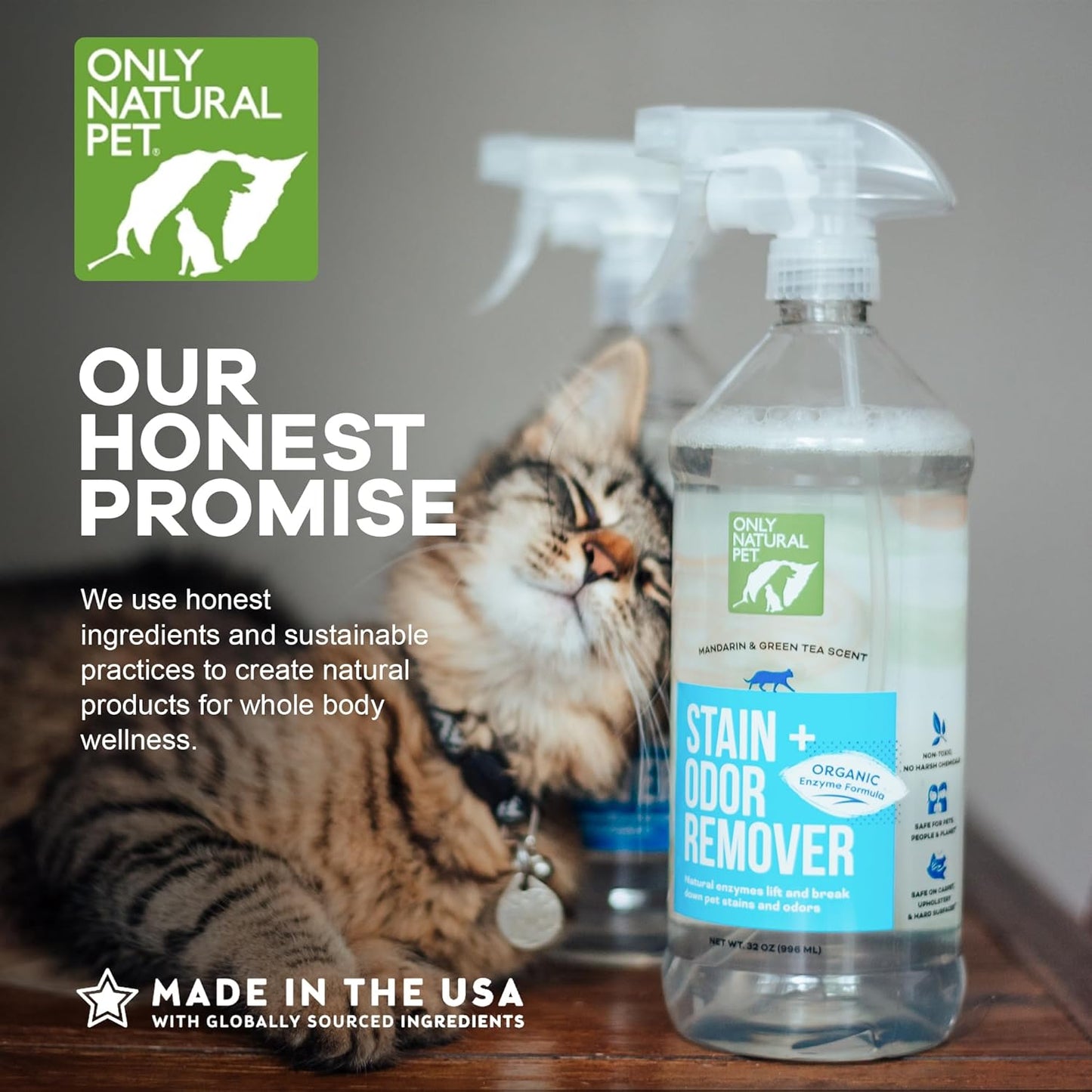 Only Natural Pet Enzyme Powered Stain & Odor Eliminator - Professional Pet Urine Pee Cleaner Deodorizer for Cats - Hardwood Floors Carpets Upholstery - Fresh Mandarin Orange & Green Tea Scent 32Floz