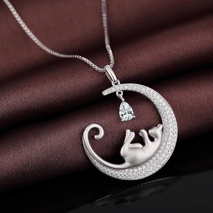 jiamiaoi 18K White Gold Plated Cat Necklace 925 Sterling Silver Diamond Cat Necklace Silver Cat On Moon Necklace for Women Gift for Birthday/Christmas, Come with Gift Box