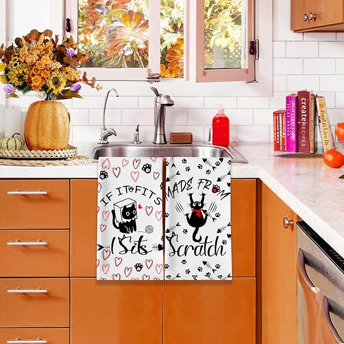 Cat Kitchen Towels Set of 2 - Hand and Dish Towels for Cat Lovers, Funny Tea Towels, Gifts for Women 18x28 Inches