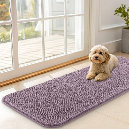 OLANLY Dog Door Mat for Muddy Paws 47x17, Absorbs Moisture and Dirt, Absorbent Non-Slip Washable Doormat, Quick Dry Chenille Mud Mat for Dogs, Entry Indoor Entryway Carpet for Inside Floor, Deep Plum