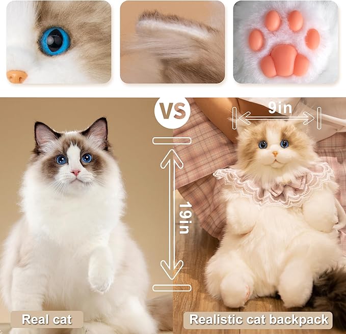 Chongker Stuffed Animals Backpack - Cute Cat plush Backpack, Handcrafted Realistic Cat Shaped Backpack, Idea for Birthdays Anniversaries Ordinary days Large Ragdoll Bag