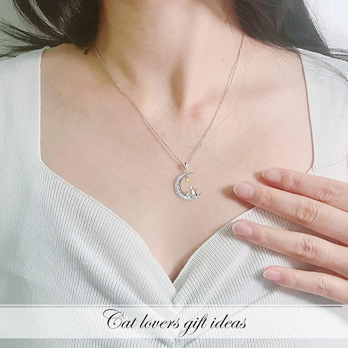 Cat/Rabbit/Bear Necklace 925 Sterling Silver Animal on Moon Pendant Necklace Jewelry Gifts for Women
