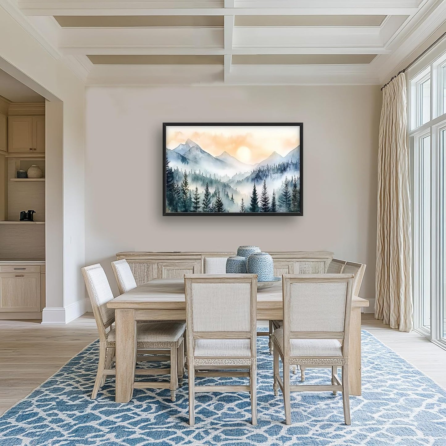 Large Misty Mountain Forest Wall Art for Living Room, Framed Foggy Sunrise Landscape Wall Decor Oversized Watercolor Canvas Painting Modern Artwork Home Decoration for Bedroom Office 36"x24"