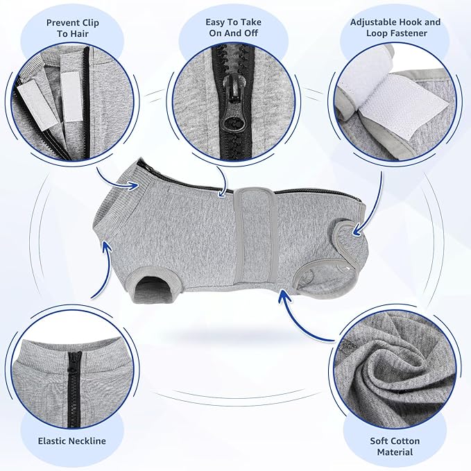Lukovee Recovery Suit for Dogs, Zipper On Recovery Suit for Female Male Dog, Onesie Abdominal Wounds Cone E-Collar Alternative Prevent Licking Spay Recovery Suit (Small, Grey)