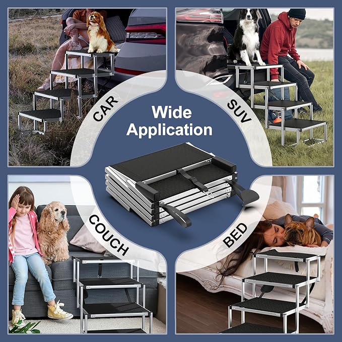 Extra Wide Dog Stairs for Large Dogs, Foldable Dog Ramp for Car with Non-Slip Surface, Dogs Stairs for Cars, High Beds, Truck, Supports up to 250 lbs, 4 Steps