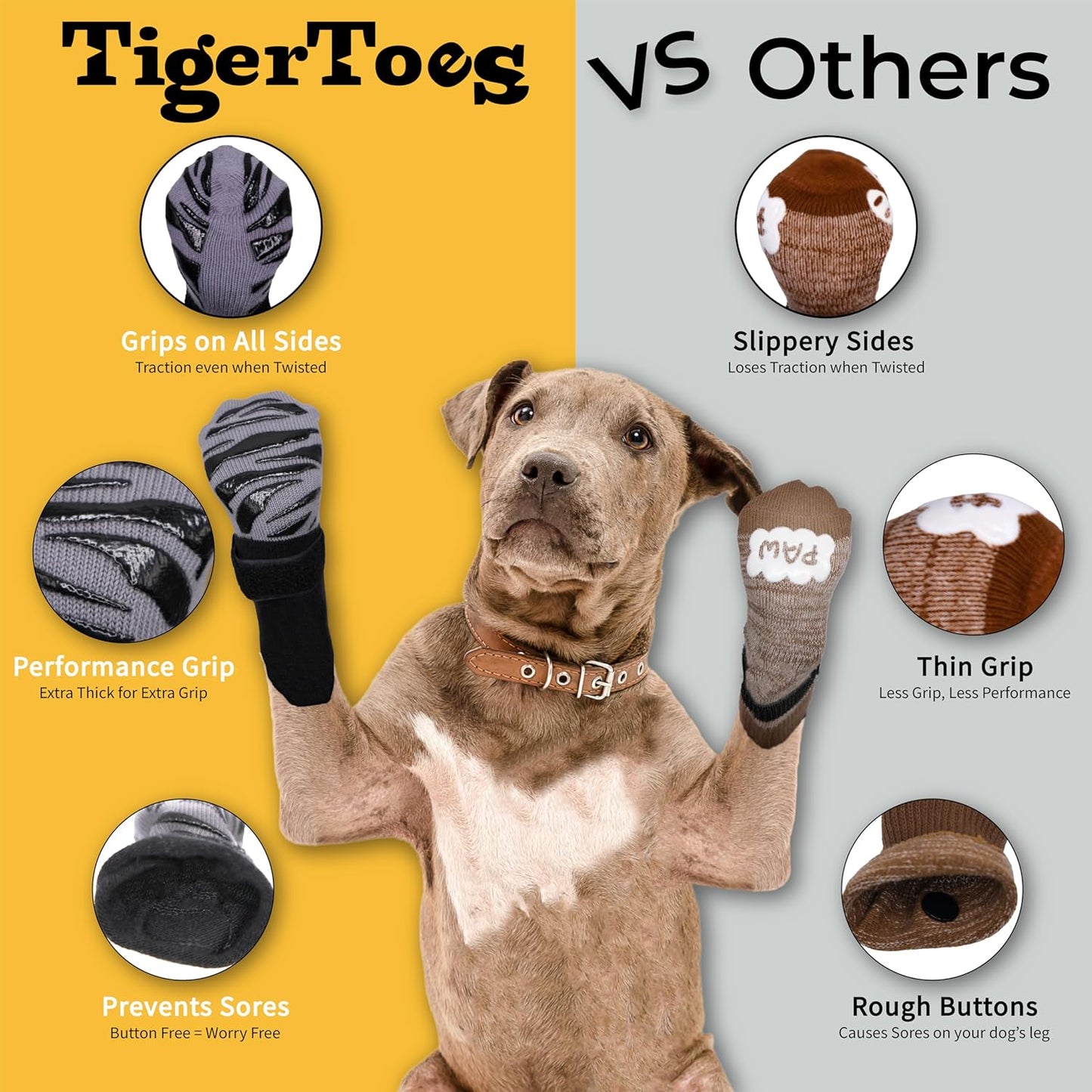 DOK TigerToes Premium Non-Slip Dog Socks for Hardwood Floors - Extra-Thick Grip That Works Even When Twisted - Prevents Licking, Slipping, and Great for Dog Paw Protection (XXL)