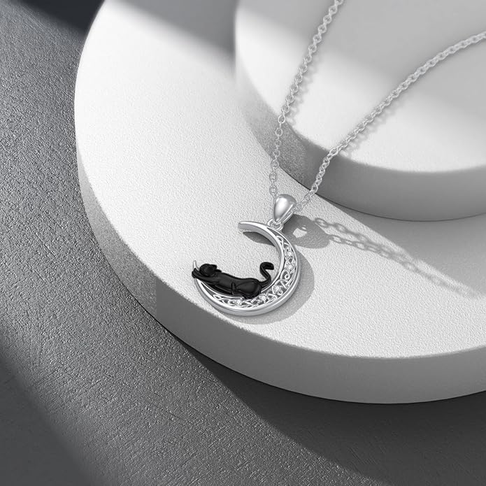 Diamond Black Cat Necklace for Women 925 Sterling Silver Cat on Moon Necklace Pendant Black Cat Jewelry Gifts for Women Mom Wife Girlfriend Daughter Girls
