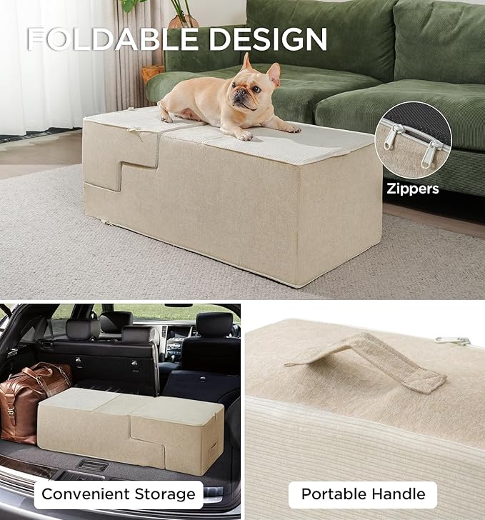 Made4Pets Dog Stairs for High Bed, Extra Wide Pet Stairs for Bed Couch Sofa, 35D Foam Pet Steps for Small Dogs and Cats, Non-Slip Bottom Dog Steps, Beige, 5 Steps