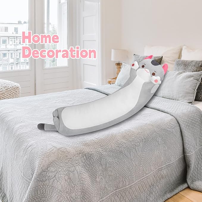 Long Cat Plush Kids Body Pillow, 36 Inch Cute Gray Cat Stuffed Animals Soft Plushies, Kitten Kawaii Plush Throw Pillow Doll Toy Gift for Girlfriend