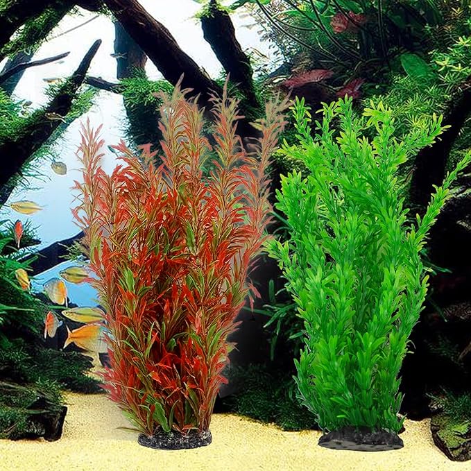 kathson Artificial Aquarium Plant Decorations,23.62 Inches Large Plastic Fish Tank Plants Tall Realistic Aquarium Accessories for Freshwater and Saltwater(Wine and Green,2 Pcs)