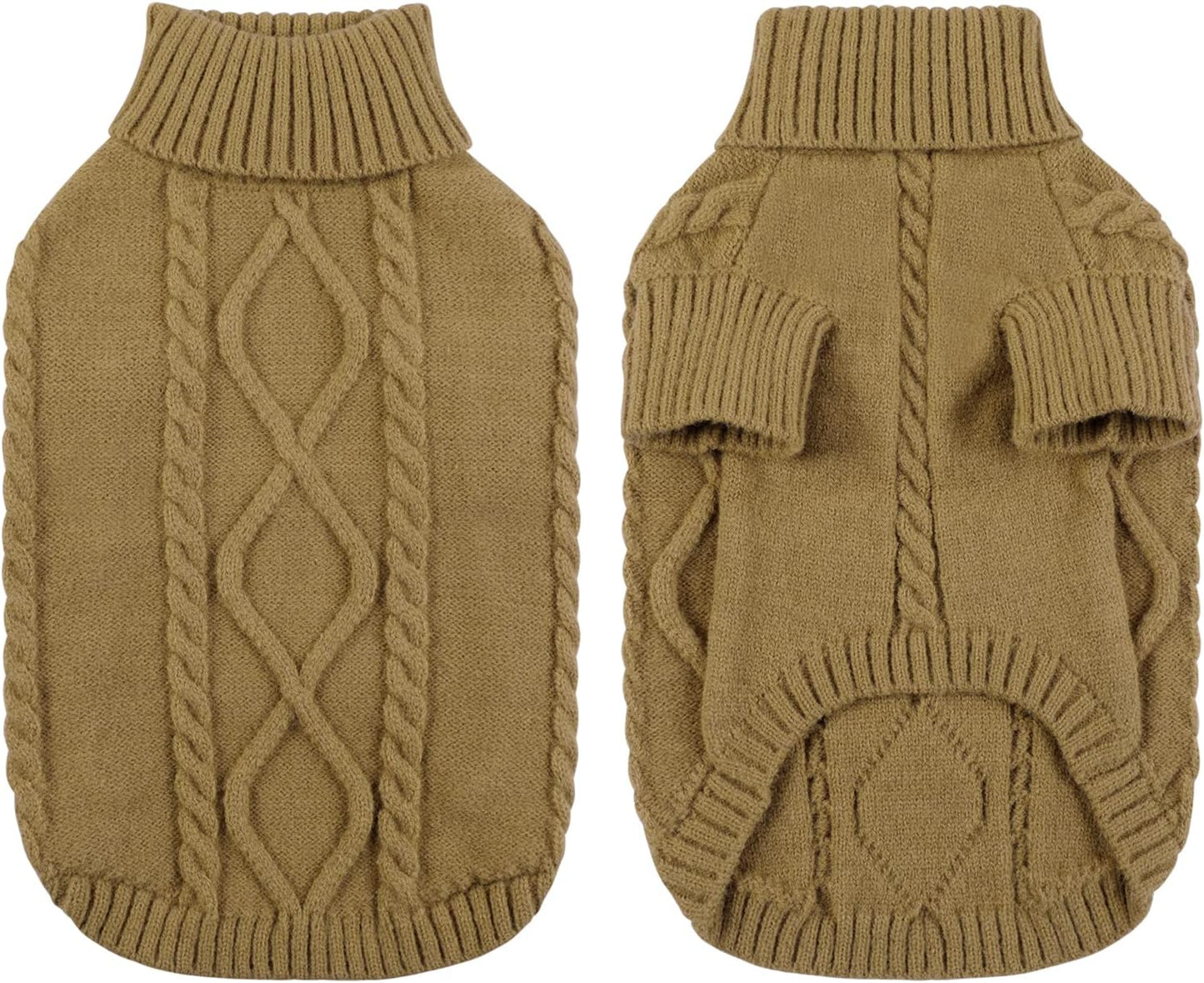 Queenmore Small Dog Pullover Sweater, Cold Weather Cable Knitwear, Classic Turtleneck Thick Warm Clothes for Chihuahua, Bulldog, Dachshund, Pug (Light Brown, X-Small)