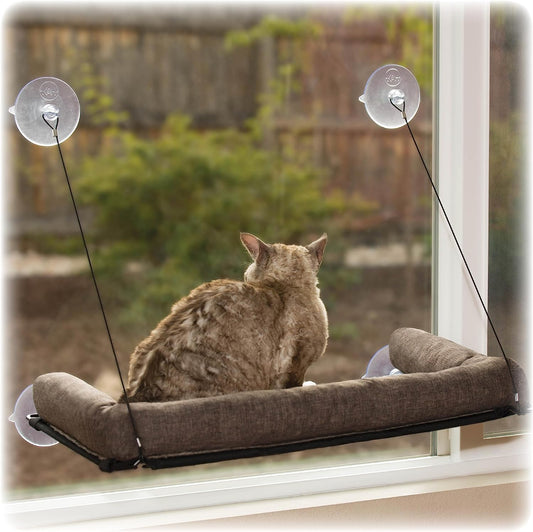 K&H Pet Products EZ Mount Bolster Cat Window Perch for Large Cats, Sturdy Kitty Window Hammock Bed, Steel Frame, Sturdy Suction Cups, Washable Shelf Covers, Foldable - Fits 27"W X 23"H Glass Spaces