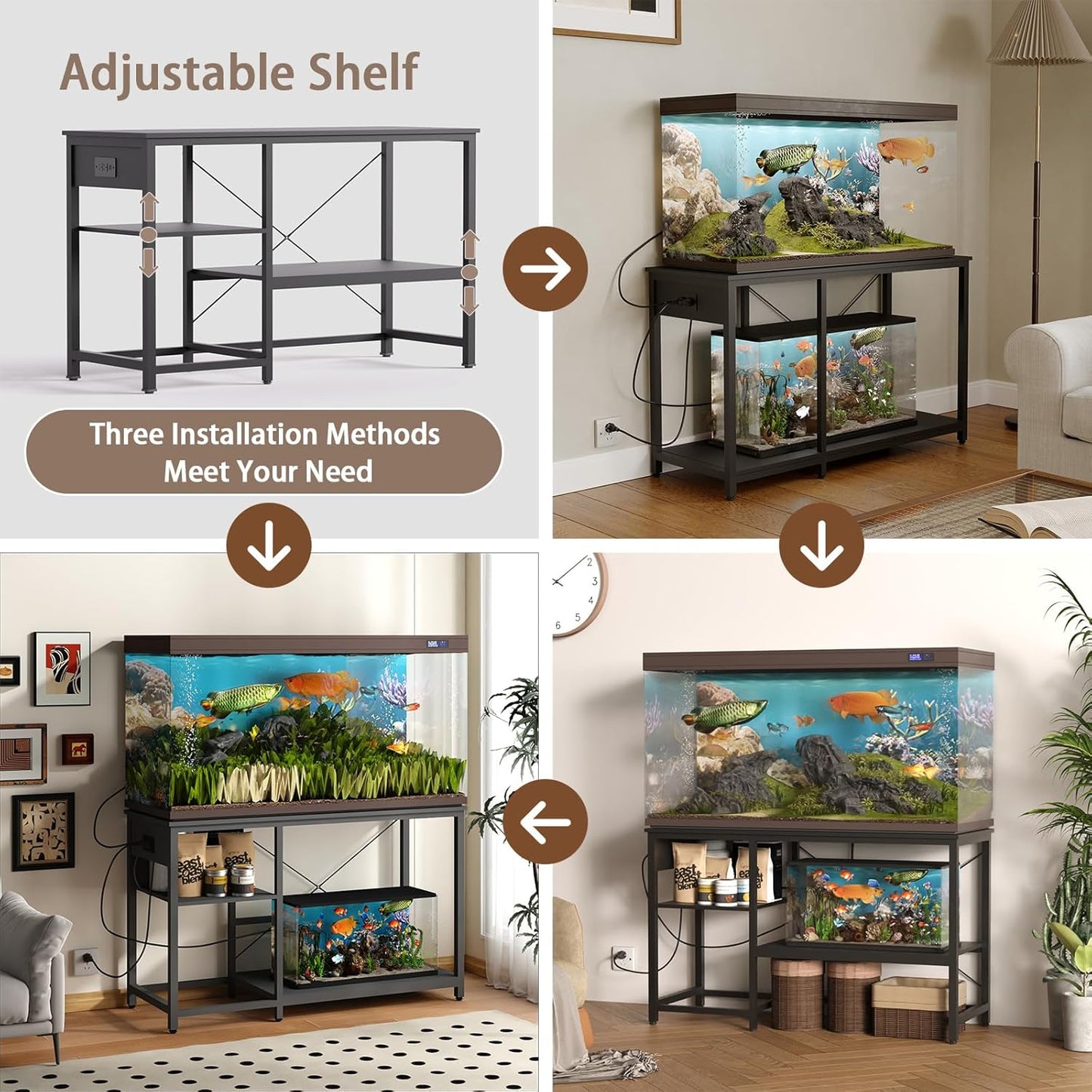 50-75 Gallon Fish Tank Stand with Power Outlet & LED Light, Metal Aquarium Stand with 3 Tier Adjustable Storage Shelves, Tank Stand for Reptile Tank, Turtle Tank, 52" L*19.5" W, Black