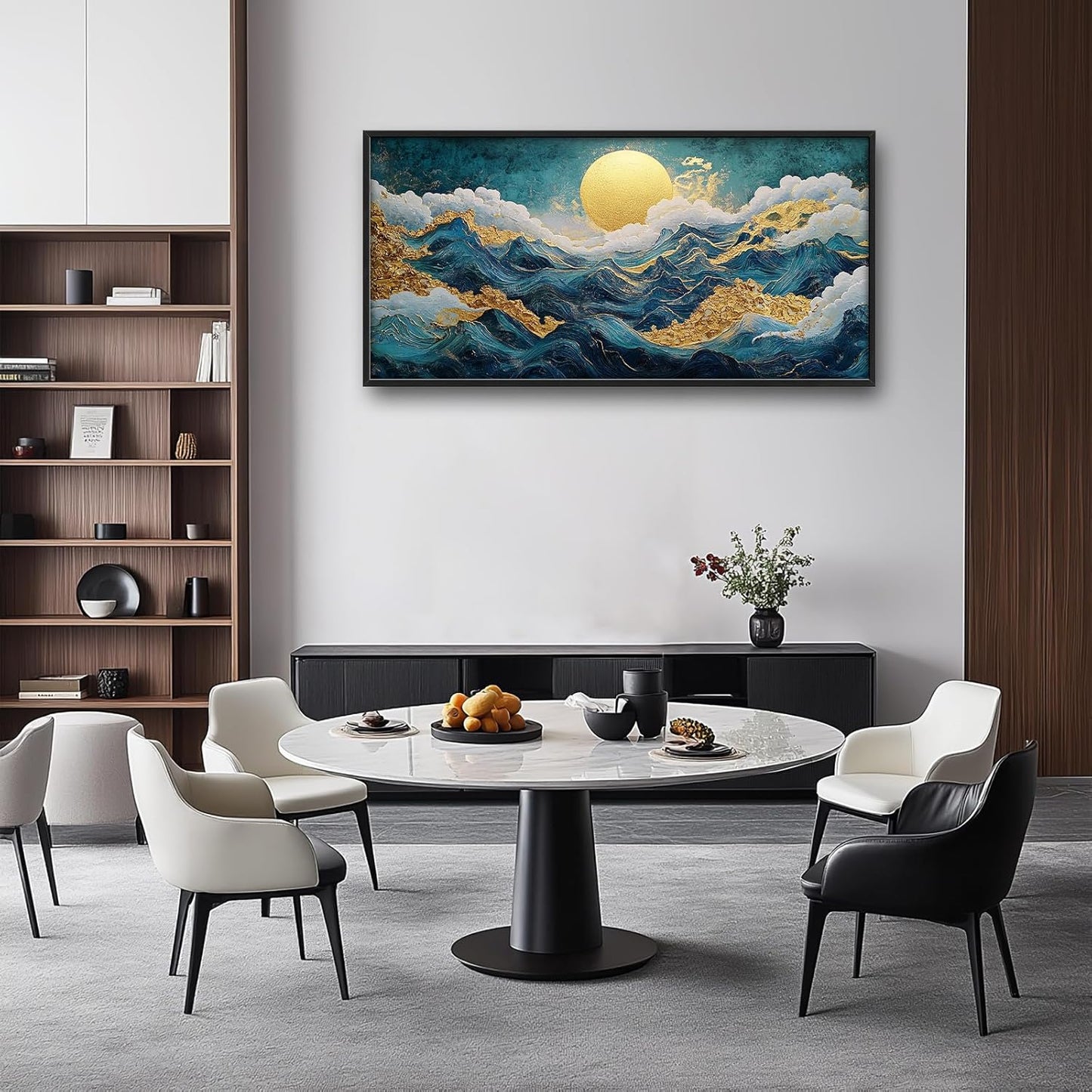 Framed Large Sun Mountain Wall Art, Oversized Teal and Golden Sun Wall Decor for Living Room, Abstract Landscape Canvas Painting Modern Artwork Home Decoration for Living Room Bedroom 60"x30"