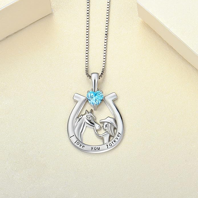 YL Women's Horse Necklace 925 Sterling Silver Horseshoe Pendant Birthstone Animals Jewelry