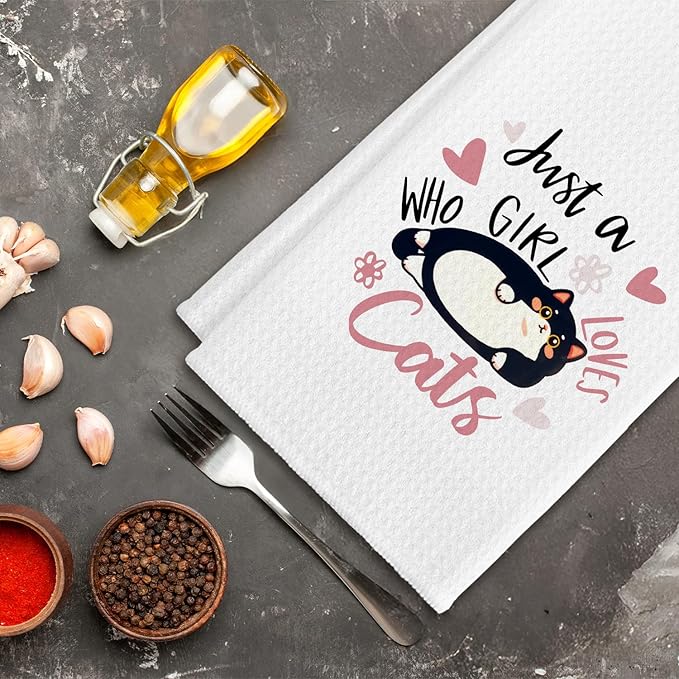 Cat Kitchen Towels, Just a Girl Who Loves Cats Hand Towels, Black Kitty Lovers Mom Lady Owners Gifts for Bathroom Kitchen Decor Soft Dish Cloth for Women, 16x24 Inches