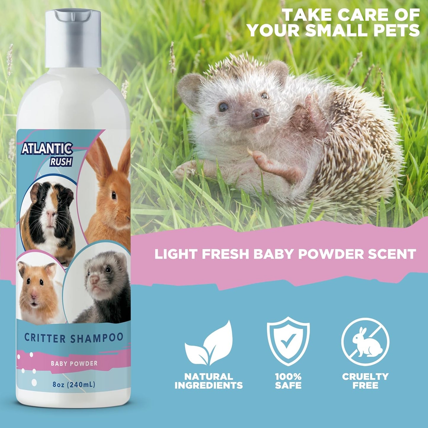 Critter Shampoo for Small Pets - 8oz Small Animal Baby Powder Scented Shampoo - Pet Shampoo for Small Critters Including Ferrets, Guinea Pigs, Rabbits, Hedgehogs, Hamsters & Sugar Gliders