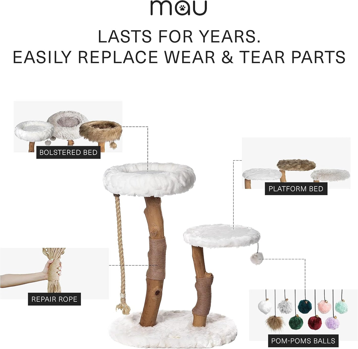 Mau Lifestyle Modern Cat Tree Tower - Natural-Branch Cat Condo & Luxury Wood Cat Scratching Tree - Luxury Cat Gifts by Mau Lifestyle